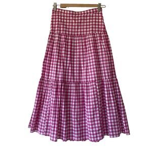 NWT J.Crew Pink & White Tiered Gingham Print Maxi Skirt Lined Cotton Size XSP